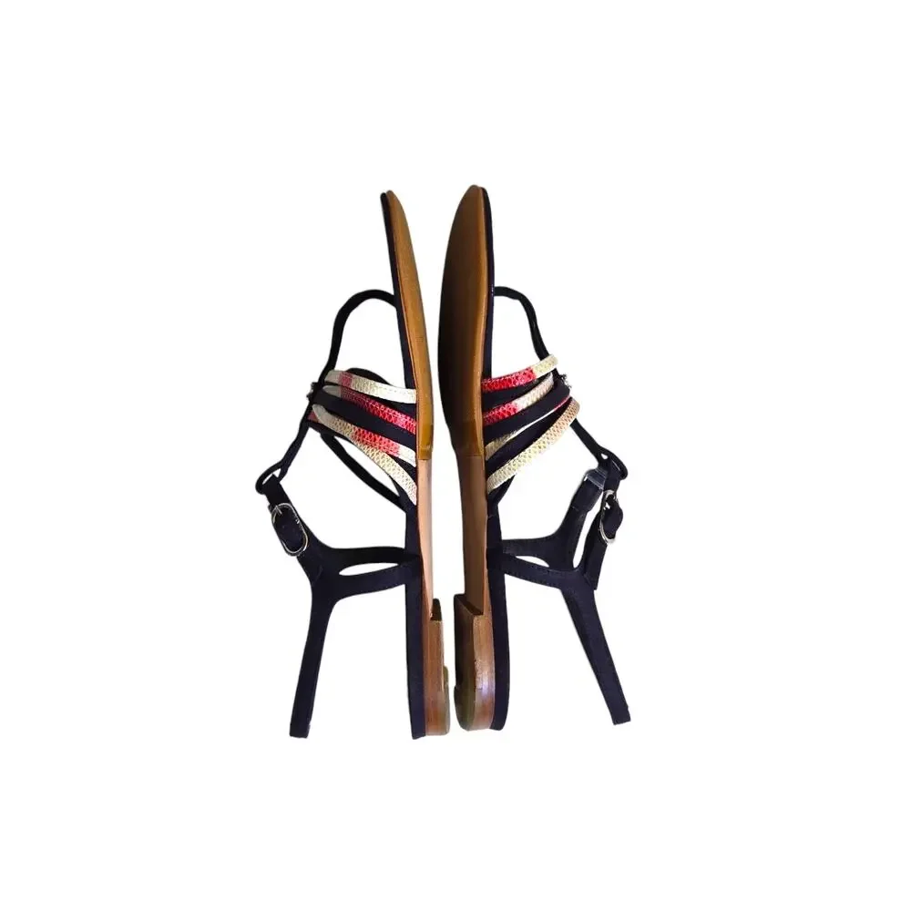 Chanel CC Pearl Logo Quiet Luxury Minimalist Navy Blue Gladiator Sandals 37.5